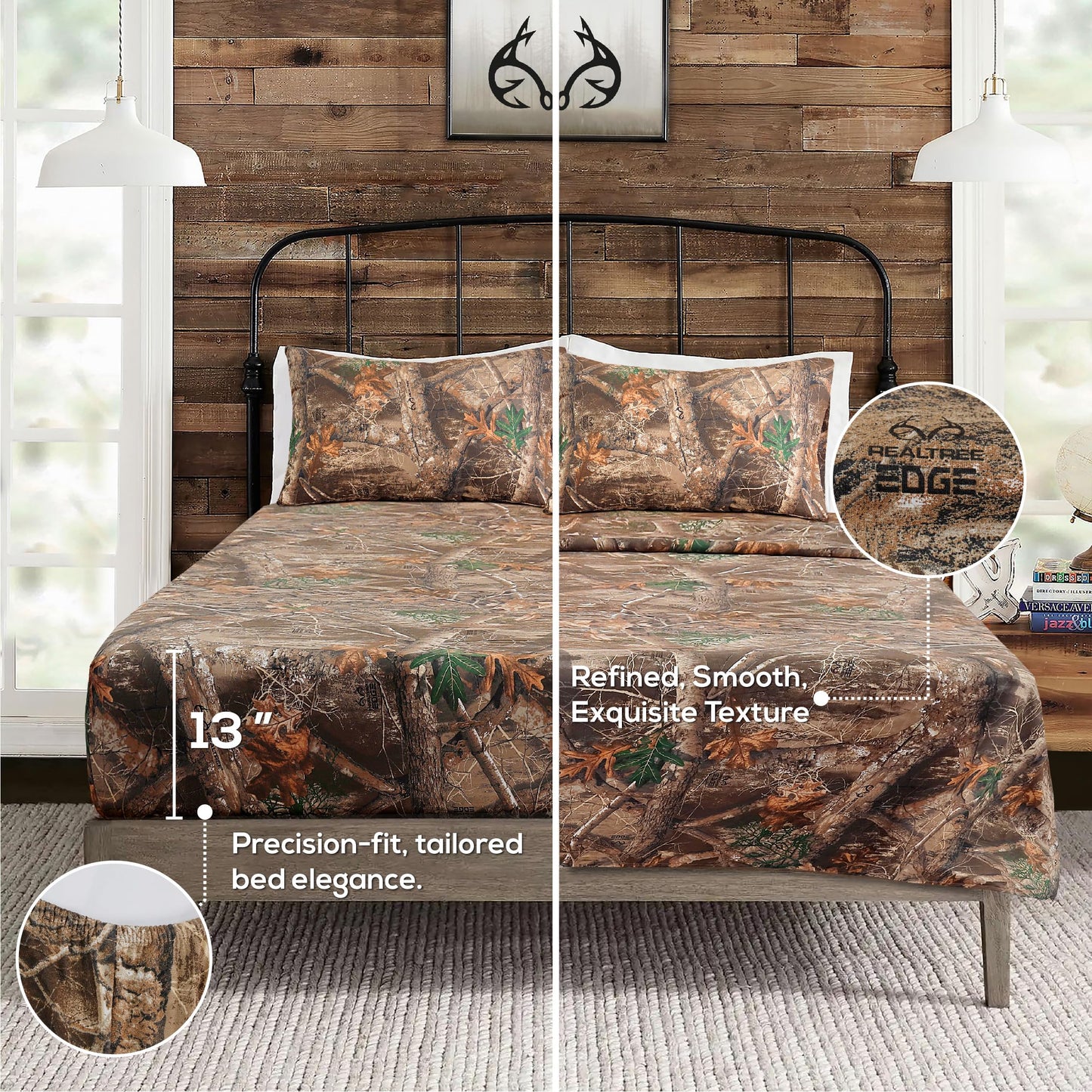VISI-ONE Realtree Edge Queen Camo 4 Piece Sheet Set – Lightweight, Cooling, Wrinkle-Free Microfiber 13" Deep Pockets Sheets, Unisex Rustic Western Farmhouse Style Made to Complement All Living Spaces