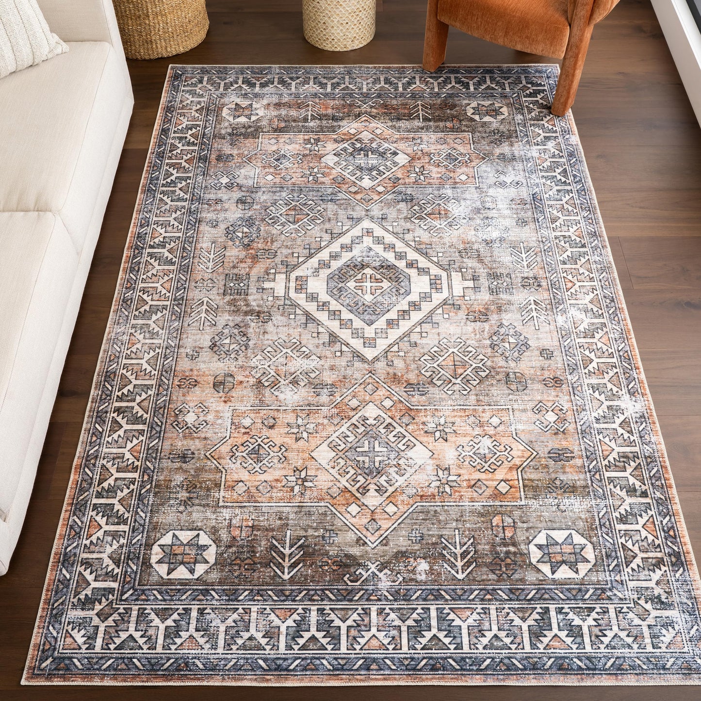 nuLOOM 4' x 6' Machine Washable Stain-Resistant Area Rug with Non Slip Backing, Low Profile for Living Room, Bedroom, and Dining Room, Bowie Rust