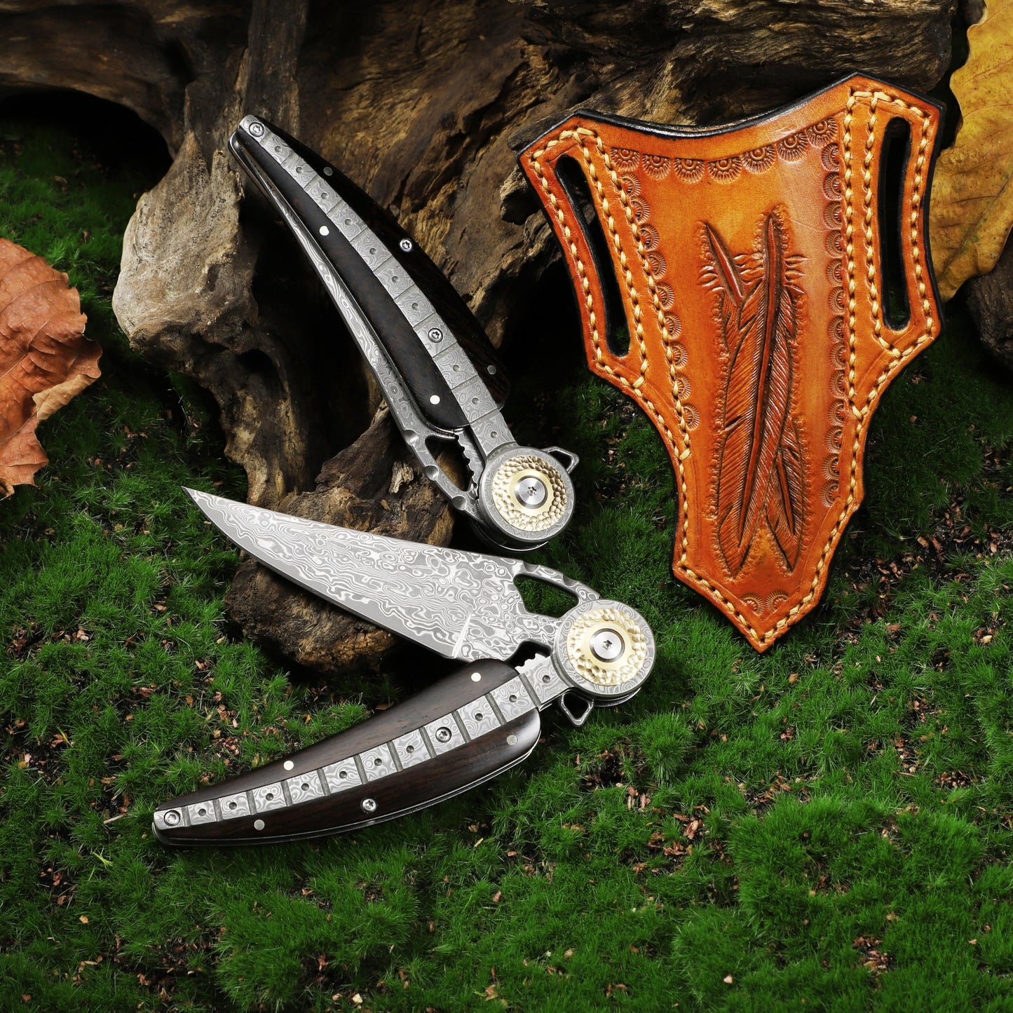ALVELY Handmade Damascus Steel Folding Pocket Knife，Feather shape 3.4in Blade Men's Pocket Knife，With knife sheath，Ebony Handle，Home & Outdoor EDC knife