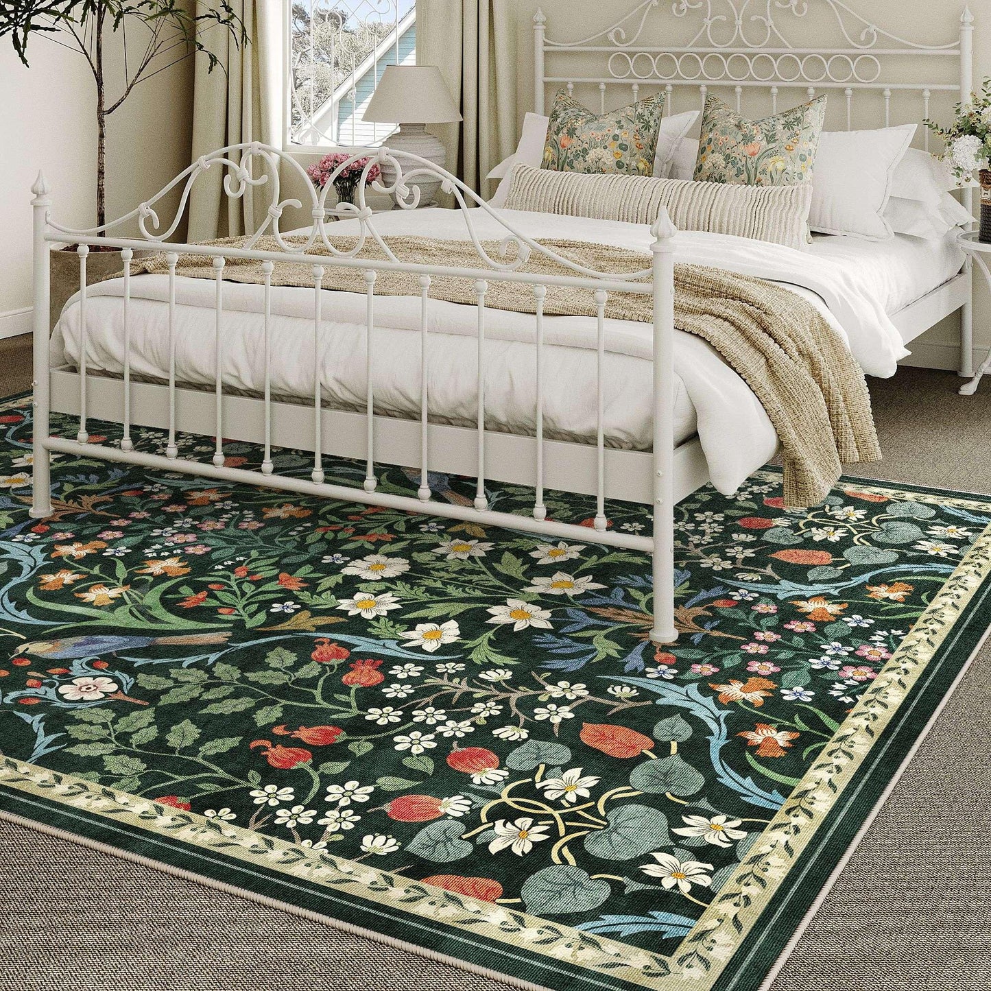 WondRg 6x9 Washable Dark Green Floral Area Rug for Living Room Soft Non-Slip Large Rug for Kids Room Boho Low Pile Stain Resistant Carpet for Bedroom Kitchen Office Dining Playroom Indoor