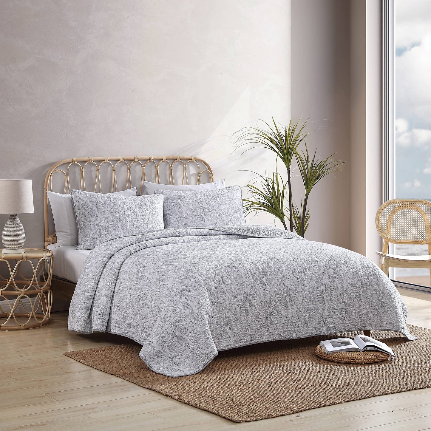 Tommy Bahama - Queen Quilt Set, Reversible Cotton Bedroom Decor with Matching Shams, Coastal Bedding with Textured Reverse(Distressed Water Leaves Grey, Queen)