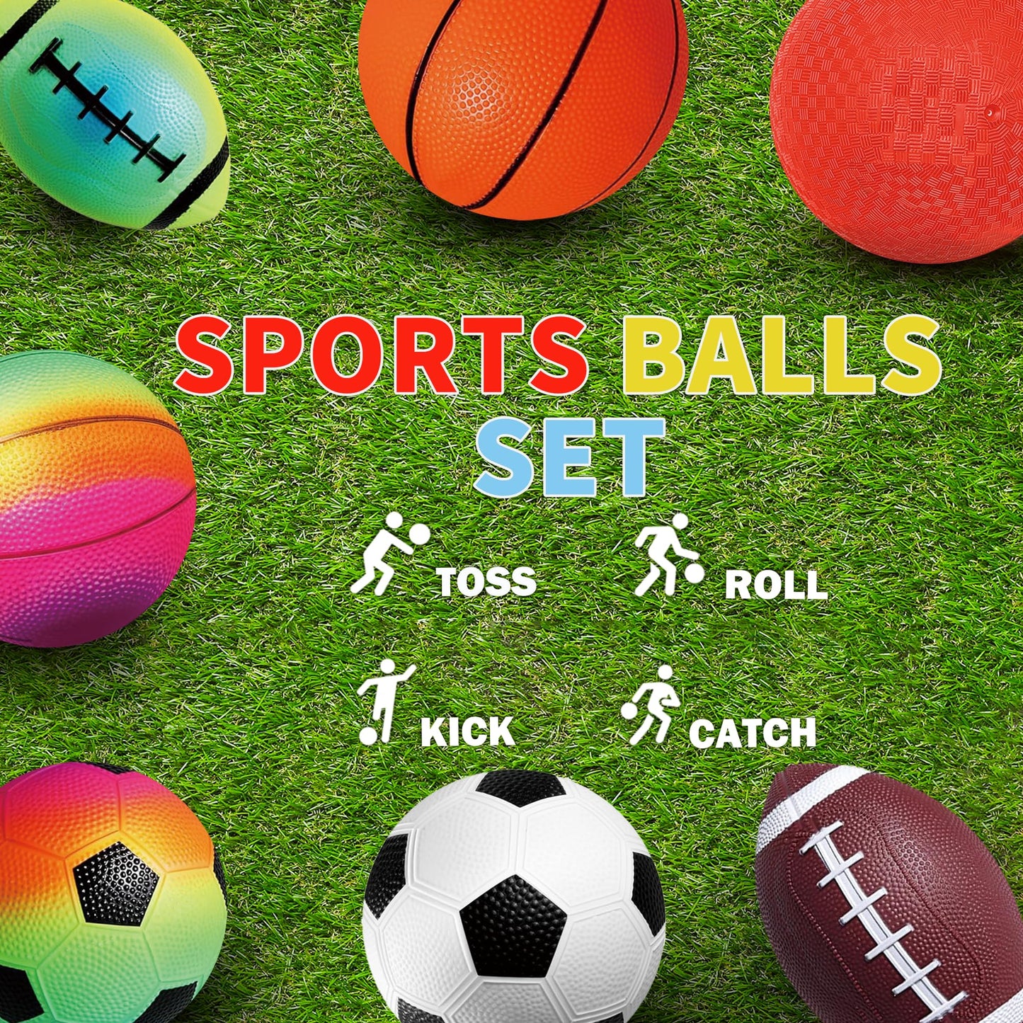COAMZPARTY 8.5 Inch Sports Balls Set 7 Pack, Playground Balls for Kids&Adults, Includes Soccer Ball, Basketball, Rainbow Ball for Outdoor & Indoor Games (8.5Inch Sports Ball Set (7 Piece))