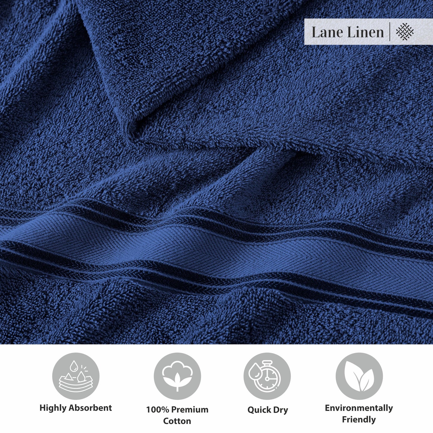 LANE LINEN 100% Mercerized Cotton Bath Towel Set of 18 – Zero Twist Shower Towels, 6 Bath, 6 Hand Towel & 6 Washcloths, Quick-Dry, Luxuriously Soft & Durable, Perfect for Everyday use – Navy