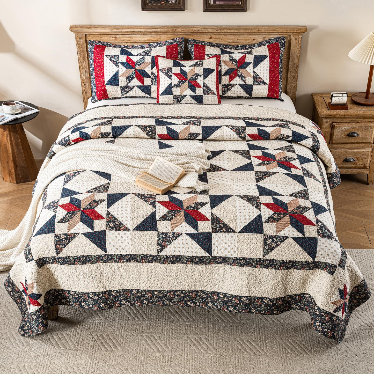 NIUDÉCOR HOME Star Patchwork Quilt Set King Size Country Comforter 100% Cotton Reversible Breathable Geometric Quilted Bedspread with 2 Pillow Shams +1 Throw Pillow Cover