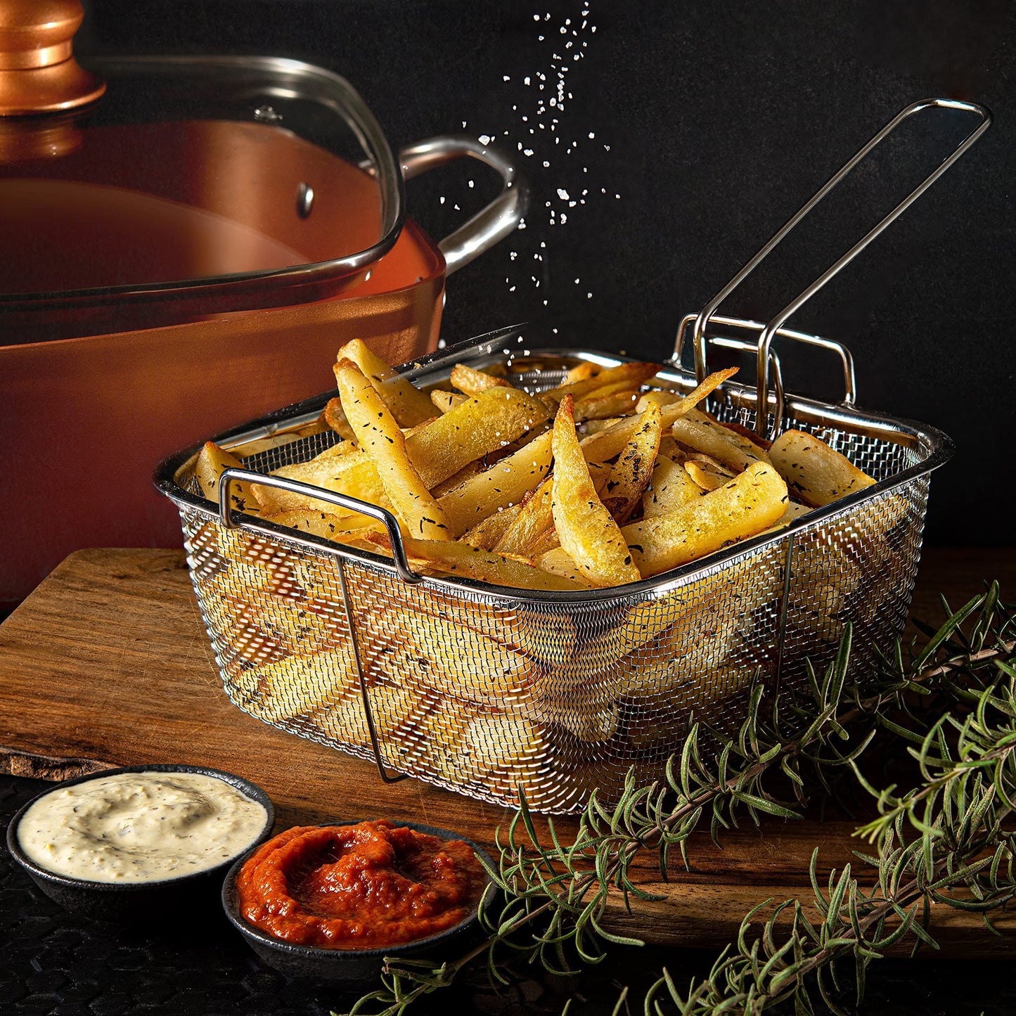 Moss & Stone 6 Pcs Copper Chef Cookware Non Stick Deep Frying Pan 9.5" x 3.5", Fry Basket, Steamer Rack, Dishwasher & Oven Safe, 5 Qt Deep Square Pot & Non Stick Pan, Induction Copper Cookware Set