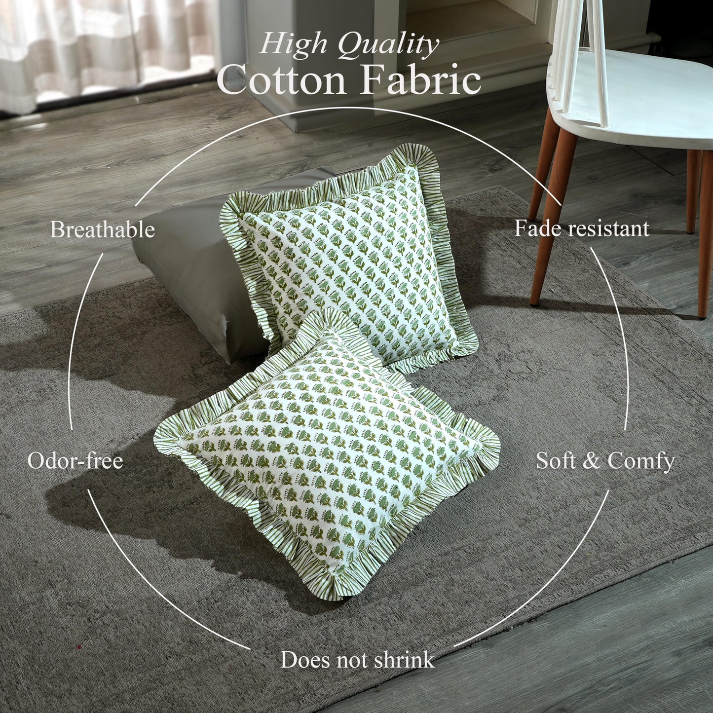 CPC Block Print Ruffle Throw Cover Emerald Green 20"x20" Inch Pack of 2-100% Cotton Ruffle Couch Decorative Boho Pillows Case for Living Room, Bedroom, Sofa, Farmhouse Gift for Spring, Mother's Day