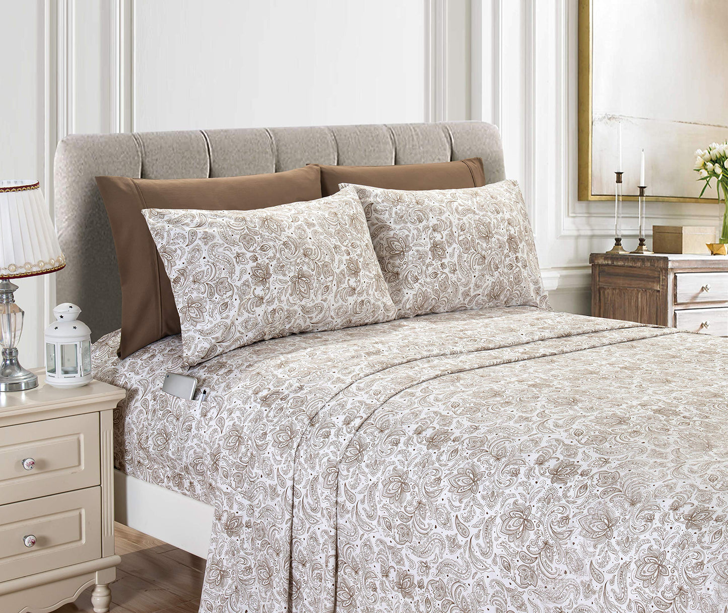 Elegant Comfort Amelia Paisley Printed 6-Piece Sheet Set, Deep Pocket 1500 Thread Count, Fade, Stain, and Wrinkle Resistant, Fitted Sheets with Smart Pockets, Paisley Sheet Set, King, Latte Taupe