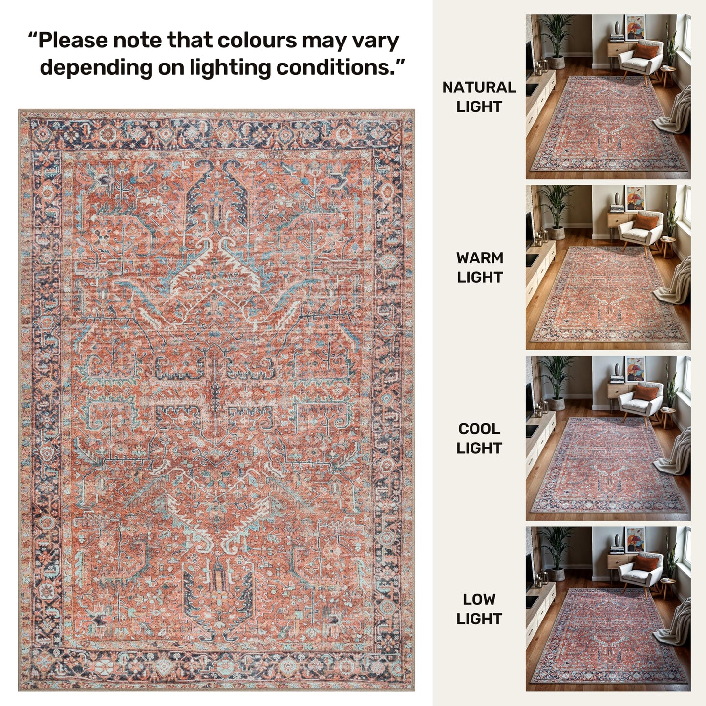 GLN Rugs Traditional Collection - Machine Washable Area Rug, Traditional Washable, Non Slip, Low Pile Chenille Rug, Living Room, Bedroom, Kitchen Rug (2'6"x7' Terra Cotta)