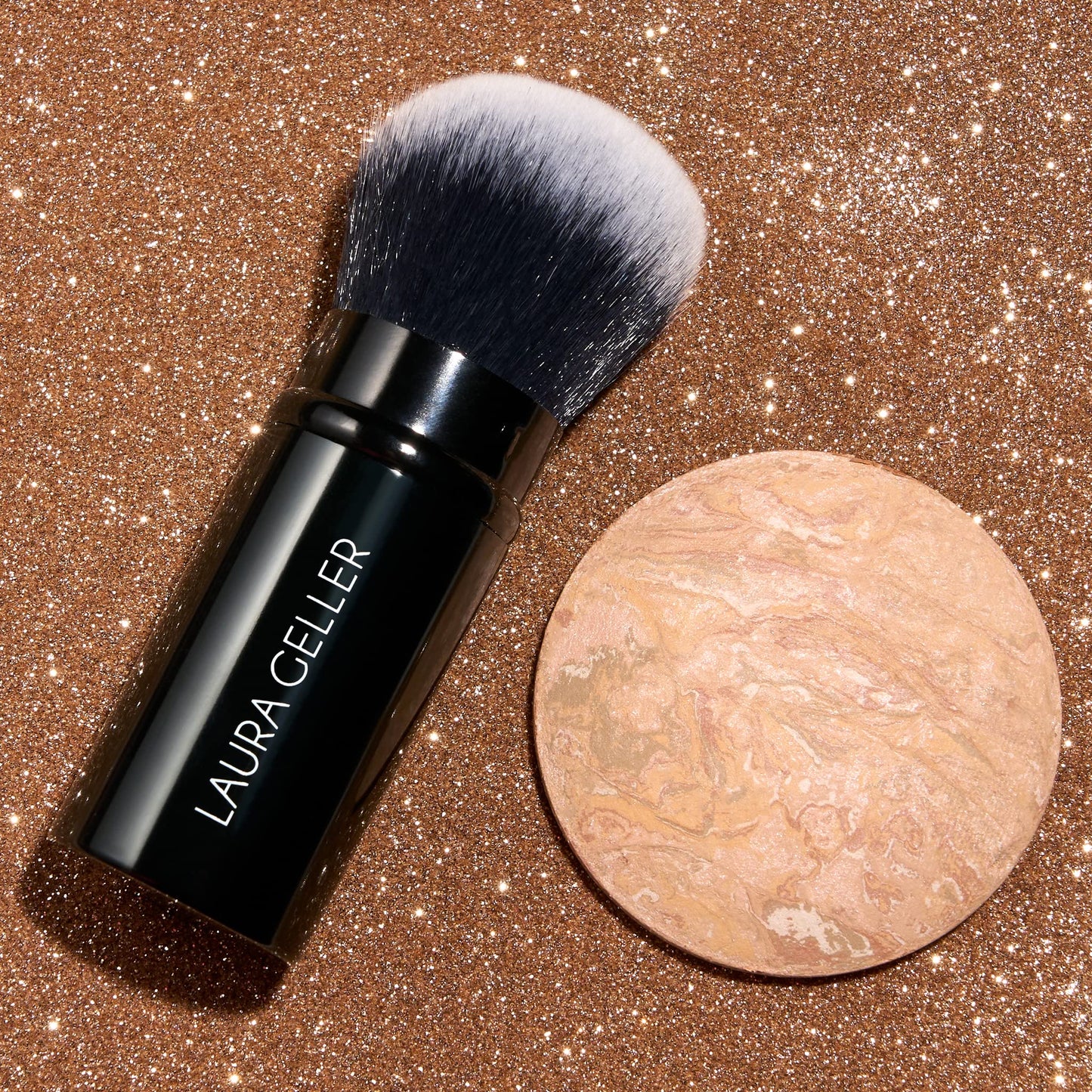 LAURA GELLER NEW YORK Get Glowing Kit (2pc): Baked Balance-n-Glow Illuminating Powder Foundation, Medium + Airbrush Kabuki Makeup Brush