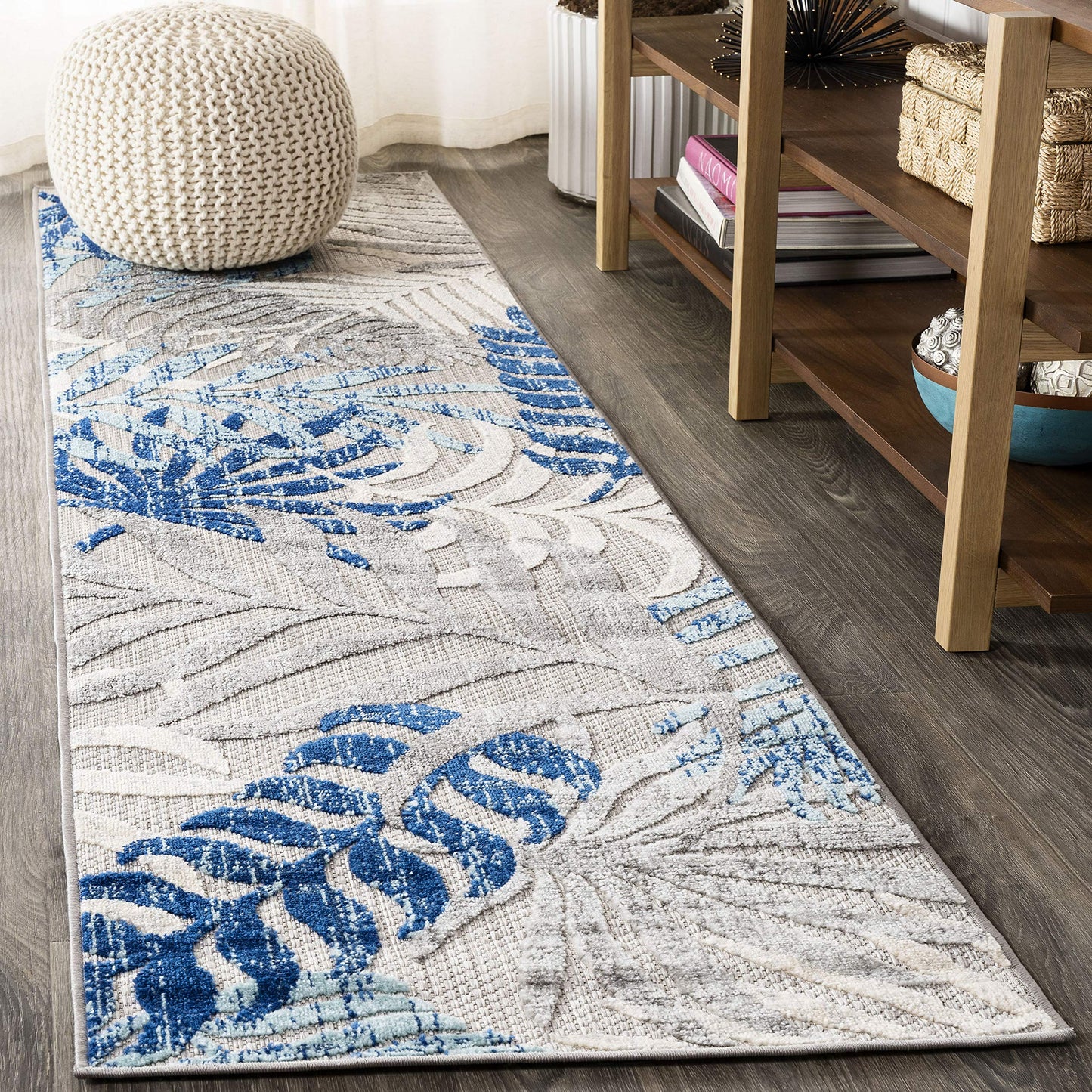 JONATHAN Y Tropics Palm Leaves Indoor Outdoor Runner Rug 2X10 Gray/Blue, Boho for Backyard, Patio, Porch, Easy-Cleaning, High Traffic, Pet-Friendly, Non-Shedding (AMC100A-210)