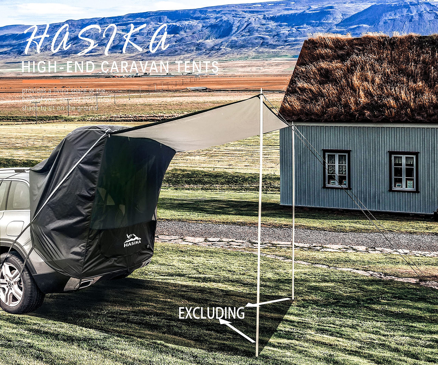 Hasika SUV Camping Tent Car Tailgate Shade Awning with Screen Net Waterproof 3000MM UPF 50+ Black (Large)