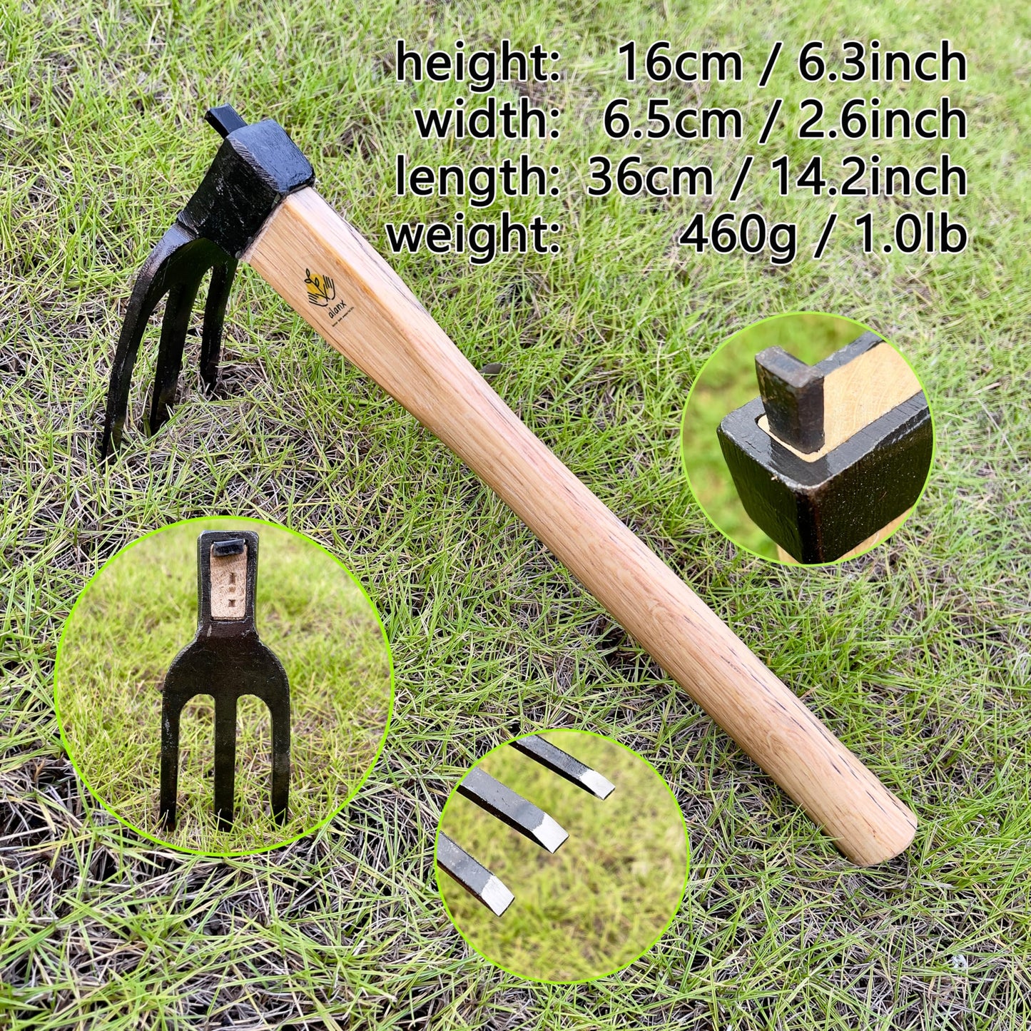 14 inch Japanese Hand Tiller/Rake for Garden, 3-tines Cultivator, Without Welding, Oak Handle, for Digging, Soil Preparation, Chopping Through Roots and Hard Soil and Other Gardening tasks