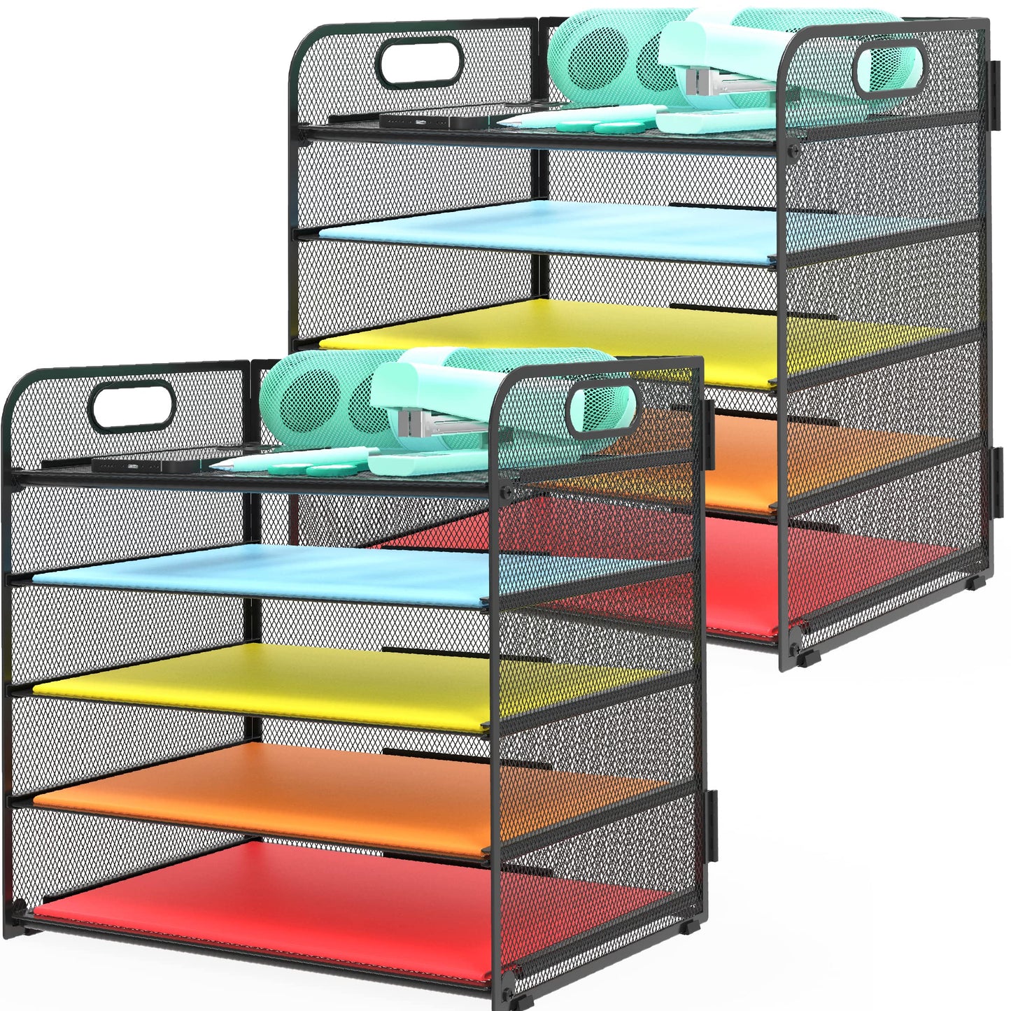 2 Pack Letter Tray 5-Tier Desk Organizer File Paper Holder with Handle, Metal Desktop Document Shelf Tray Office Classroom Organization - Black