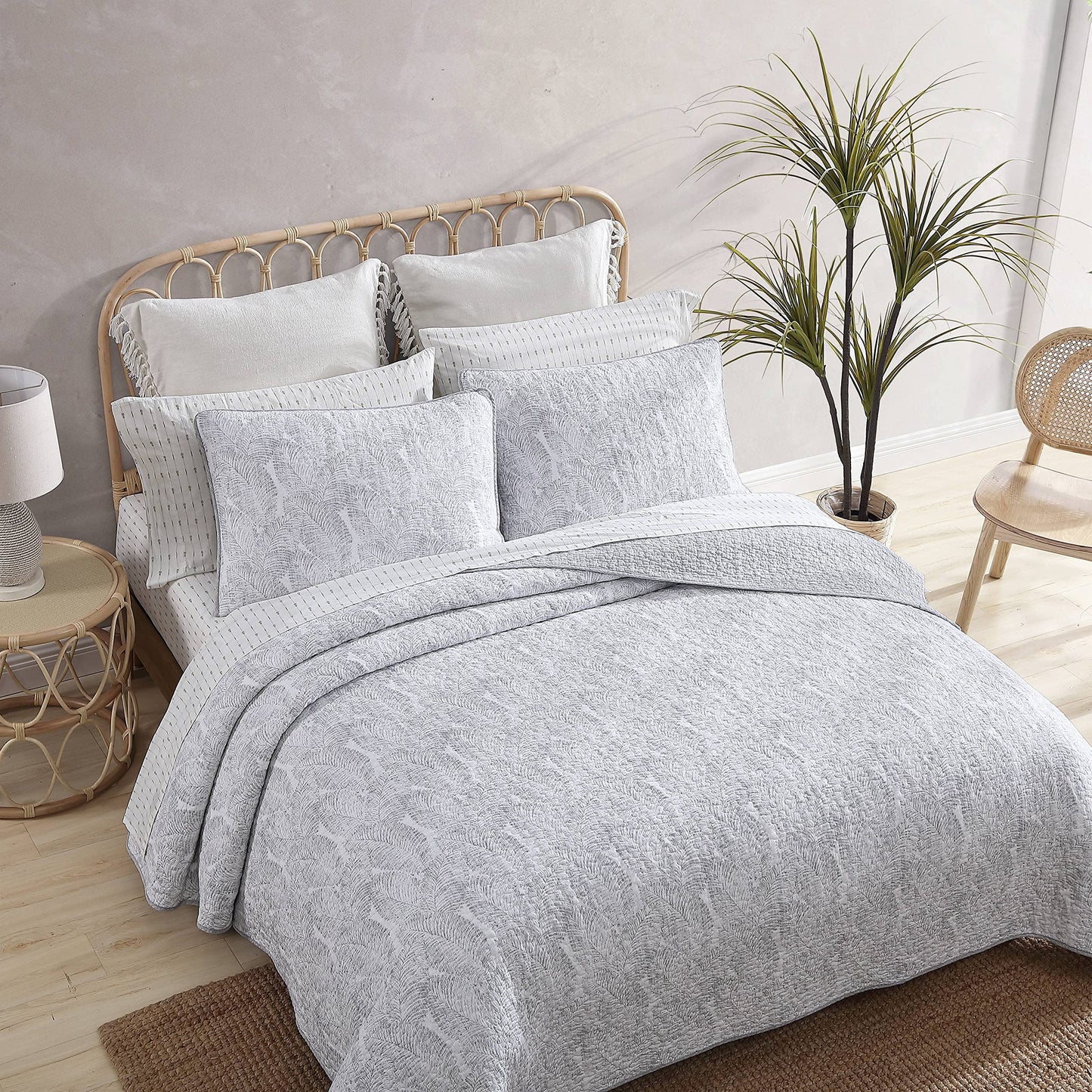 Tommy Bahama - Queen Quilt Set, Reversible Cotton Bedroom Decor with Matching Shams, Coastal Bedding with Textured Reverse(Distressed Water Leaves Grey, Queen)