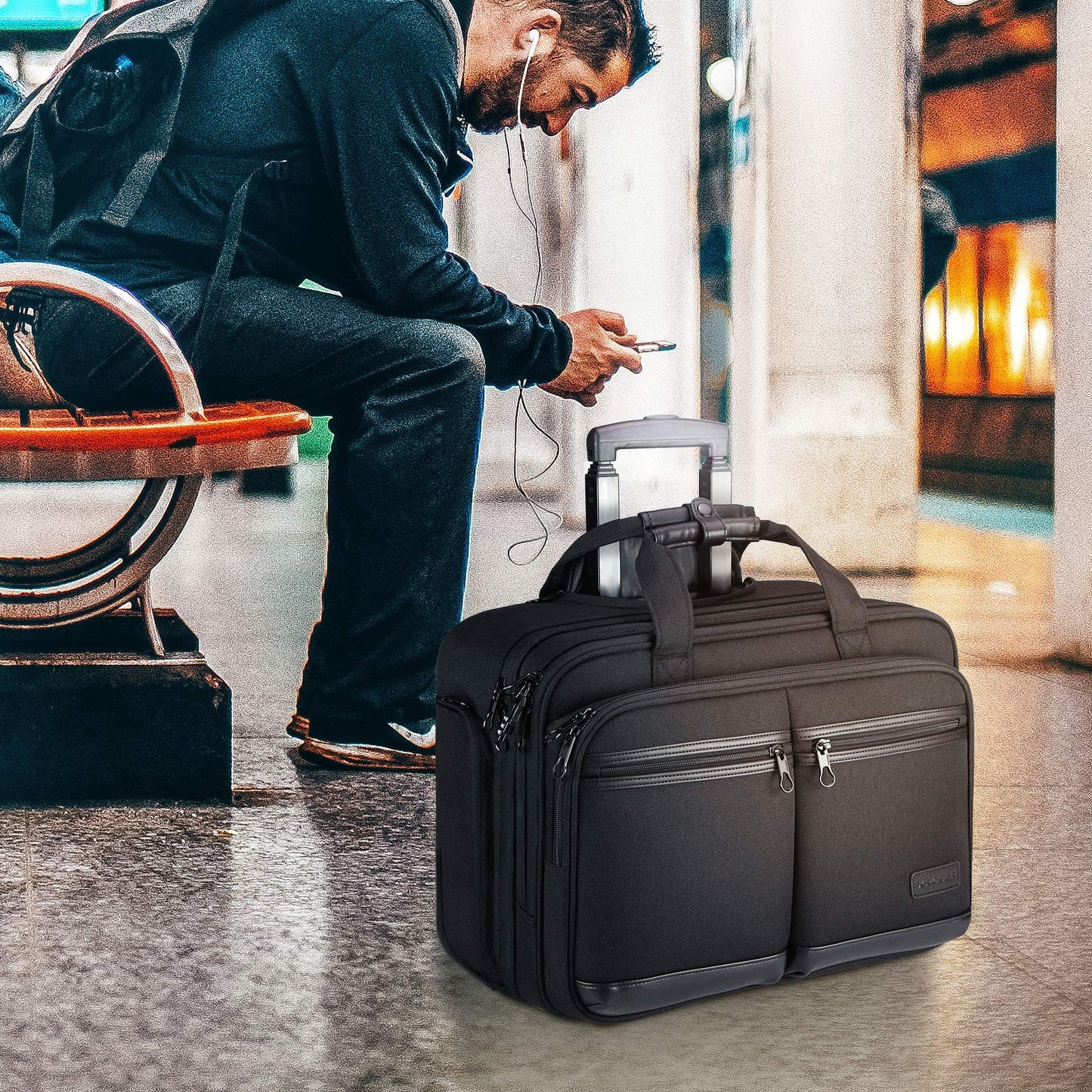KROSER Rolling Premium Briefcase Fits Up to 17.3 Inch Laptop Water-Repellent Overnight Computer Bag with RFID Pockets for Travel/Business/School/Men/Women-Black