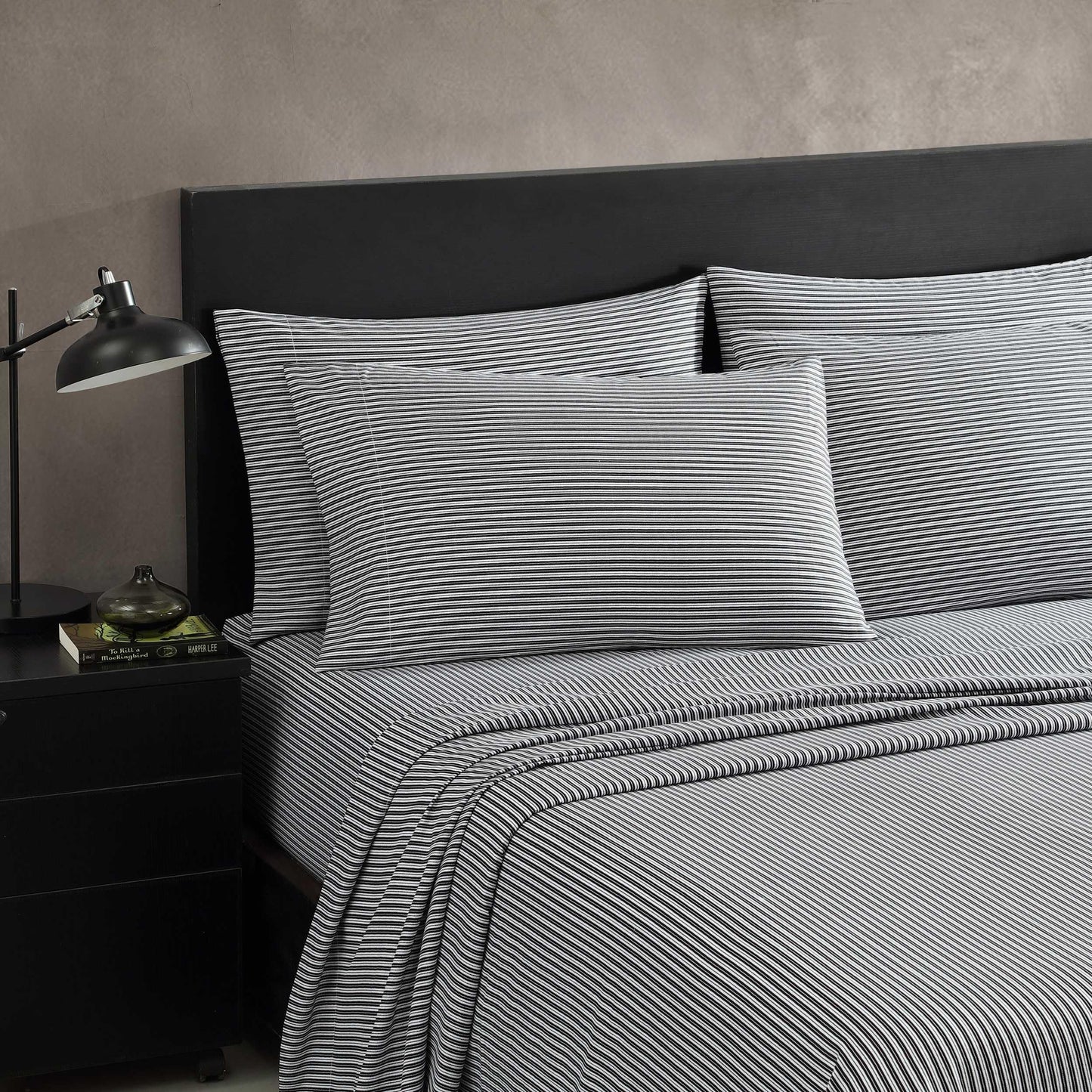 Kenneth Cole - King Sheet Set, Wrinkle-Resistant Bedding, Deep Pockets - Bed Sheets with Matching Bonus Pillowcases & Fitted Sheet (Twill Stripe Texture Black)