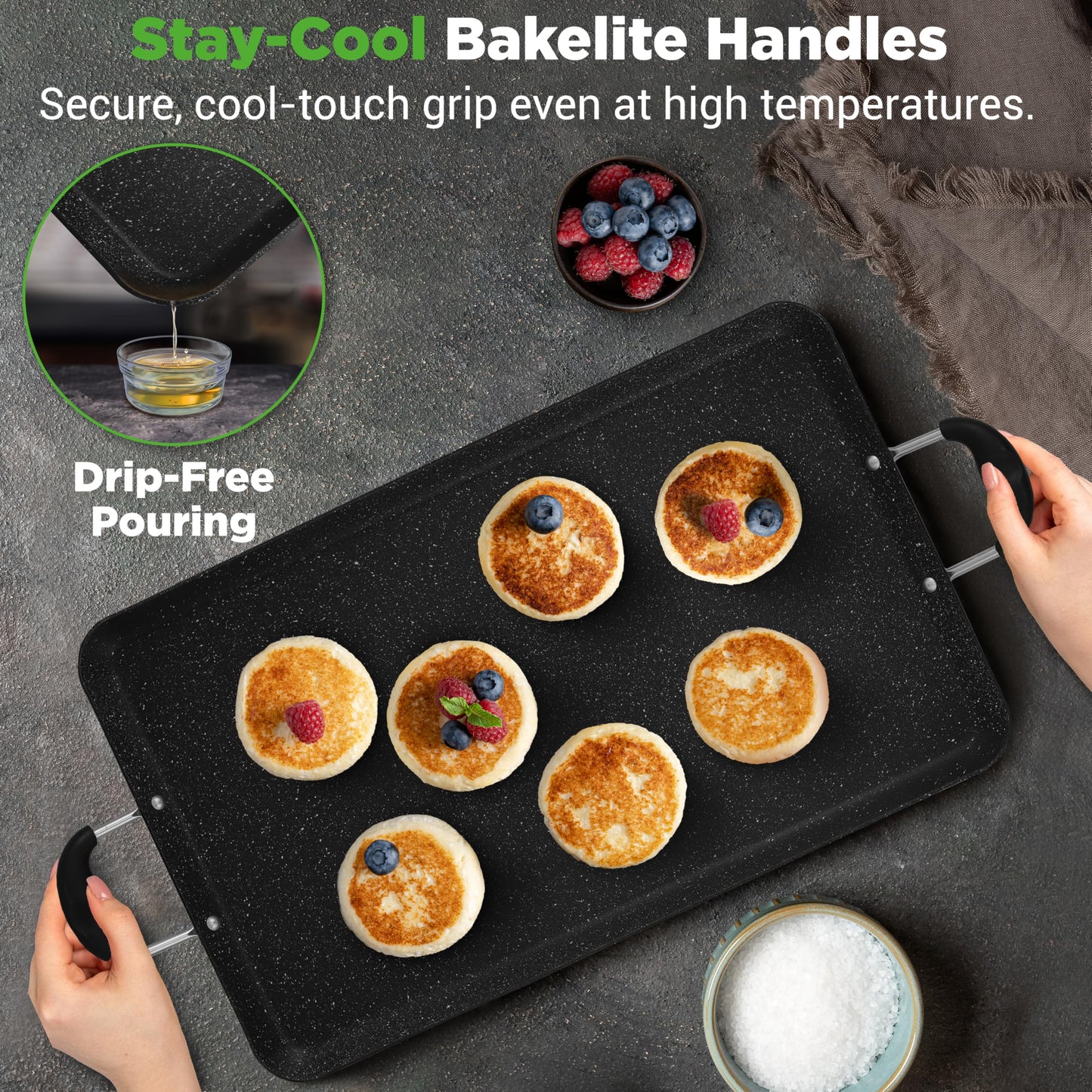 Nutrichef Double Burner Griddle, Non-Stick Stove Top Griddle for Gas Stove, Dishwasher Safe, Heatproof Bakelite Handles, Even Heat Distribution, PFOA & PFOS Free, 20” x 12” x 0.8” Inch (Black)