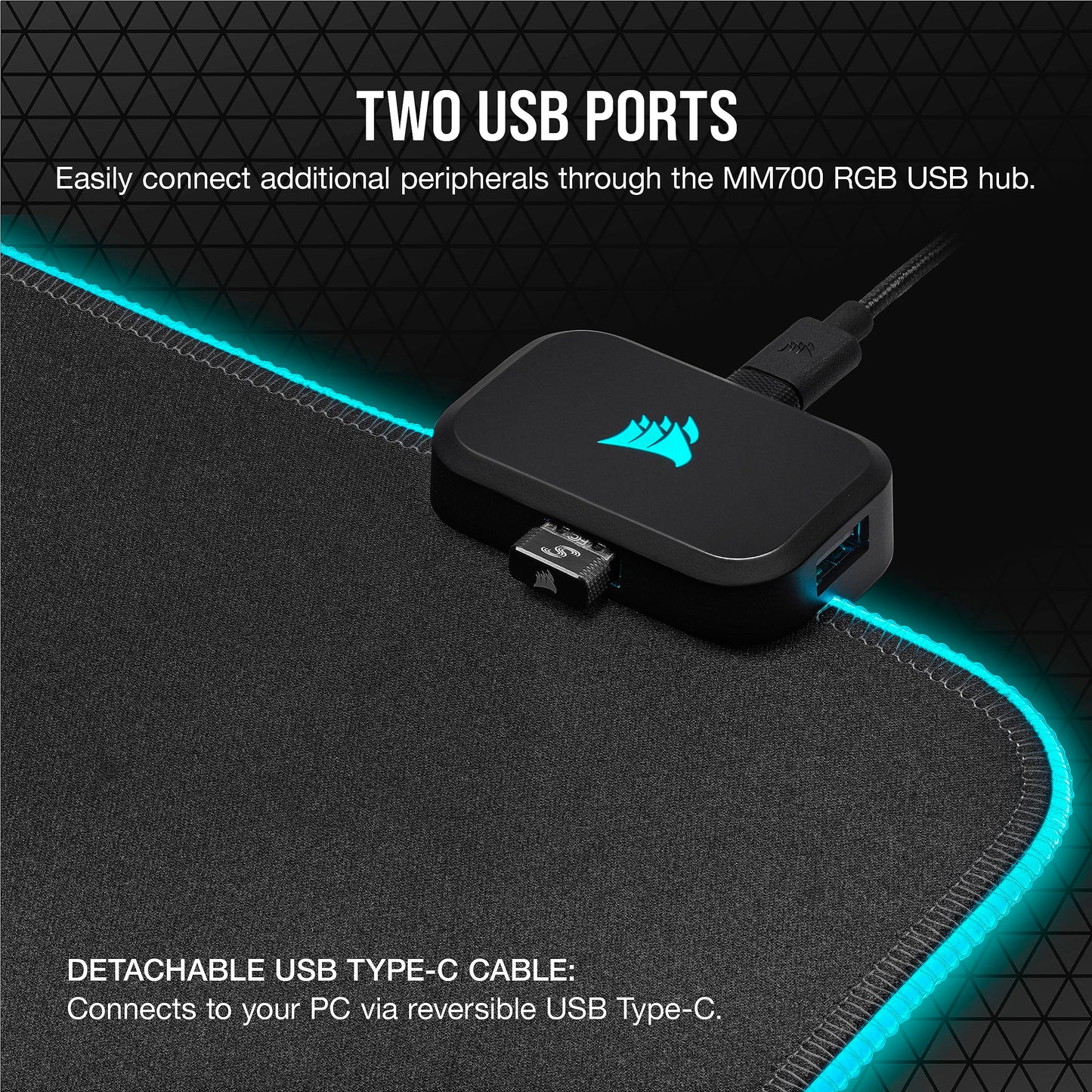 Corsair MM700 RGB Extended Cloth Gaming Mouse Pad - 36.6" x 15.8" - 360° RGB Lighting - Two USB Port Hub - Thick Rubber - Black