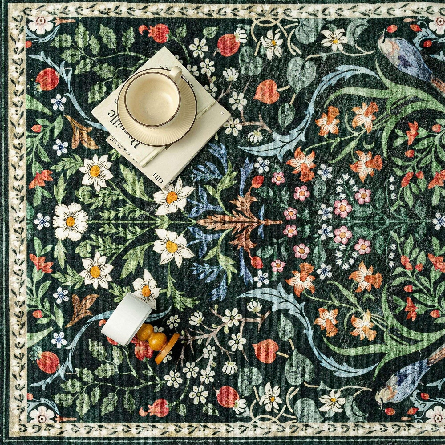 WondRg 6x9 Washable Dark Green Floral Area Rug for Living Room Soft Non-Slip Large Rug for Kids Room Boho Low Pile Stain Resistant Carpet for Bedroom Kitchen Office Dining Playroom Indoor