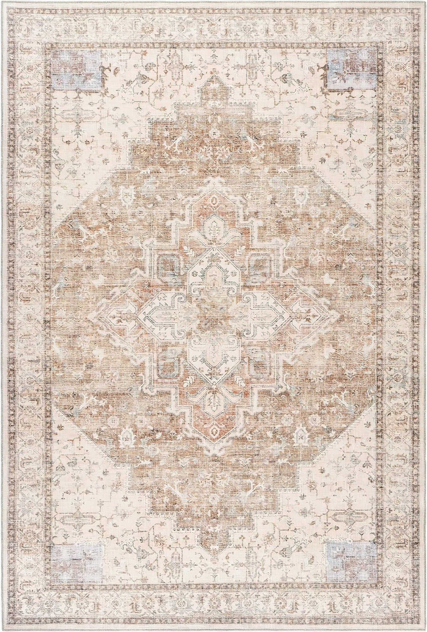 BILEEHOME Boho Farmhouse Bedroom Rug Washable Easy Clean Stain Resistant Vintage Country Rustic Neutral Persian Area Rug for Dining Room Under Table,Light Tan Brown Beig with Terracotta Pattern,5x8