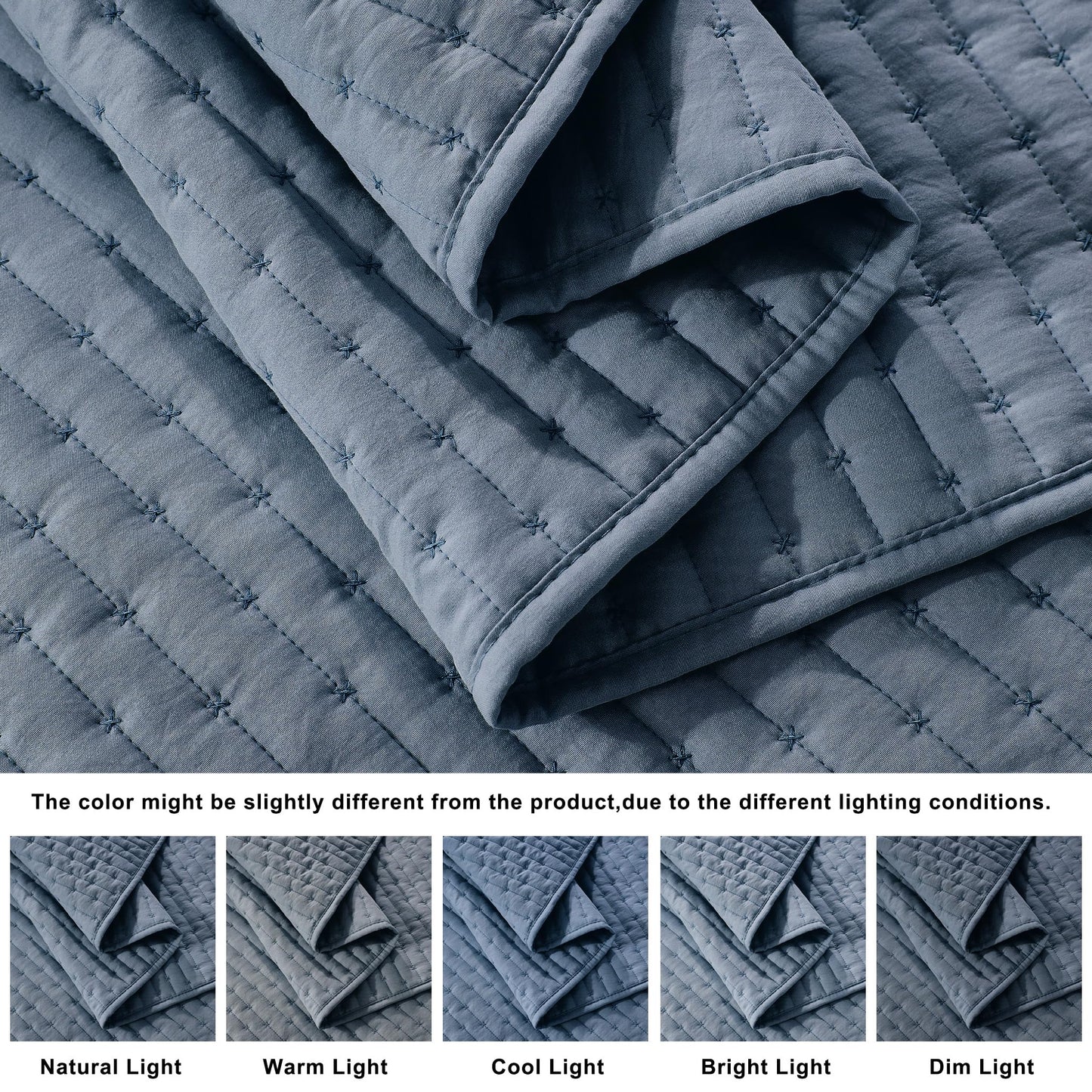 WDCOZY Blue Cross Stitch King Size Quilt Set, Striped Lightweight Soft Bedspread, Channel Farmhouse Rustic Coverlet, All Season Country Bedding, Thin Comforter