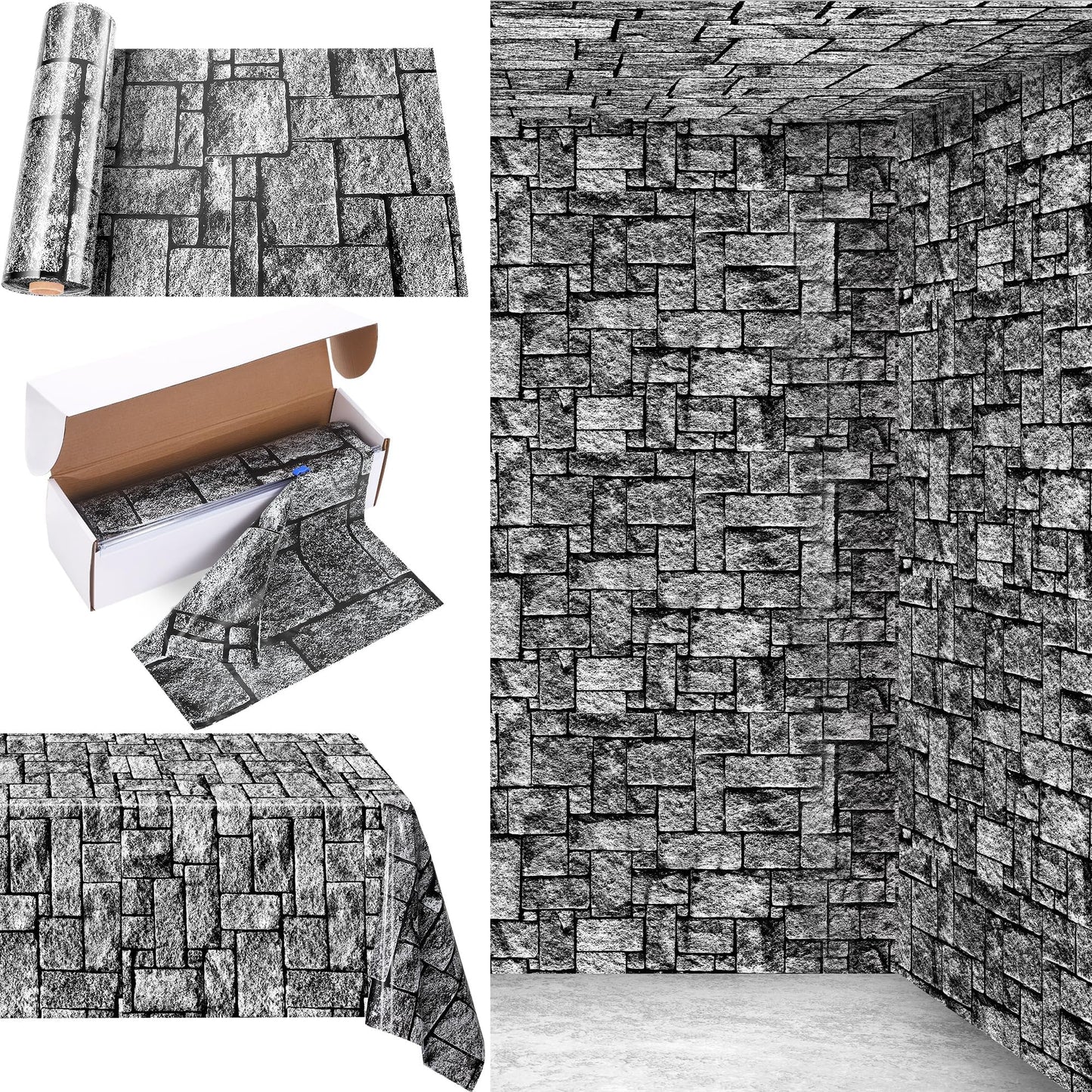 Kochorie 200 Ft X 54 Inch Stone Wall Tablecloth Roll with Cutter Box Disposable Plastic Stone Table Cover Medieval Stone Brick Table Cloth Dirt Floor Wall Backdrops for Farm Wedding Birthday Party