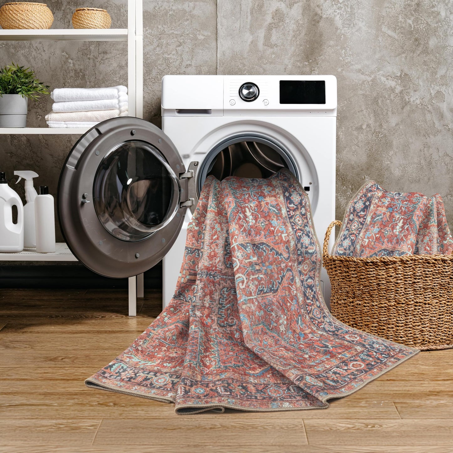 GLN Rugs Traditional Collection - Machine Washable Area Rug, Traditional Washable, Non Slip, Low Pile Chenille Rug, Living Room, Bedroom, Kitchen Rug (2'6"x7' Terra Cotta)