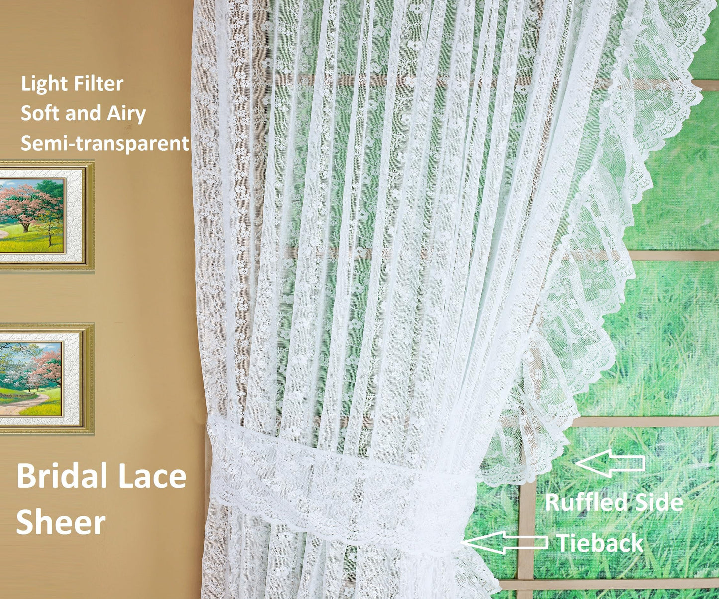 Today's Curtain, Priscilla Lace Bridal Ruffled Pair 63", White, 5-Piece-Set, 130" W x 63" L