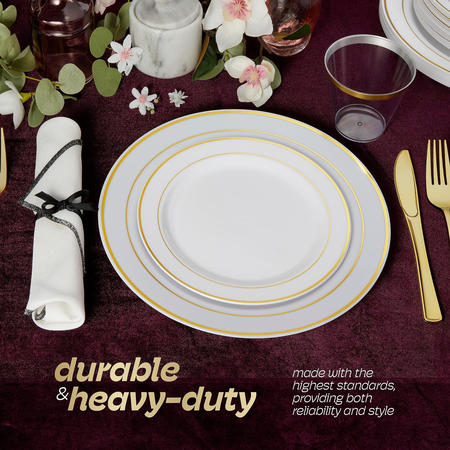 600pcs Plastic Dinnerware Set 100 Guest, Gold Plastic plates for party, Gold Party Plates Sets For 100 Guests, Wedding Plates Disposable Set Includes Also Cups, And Cutlery.