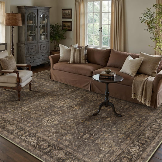 WondRg 5x7 Washable Area Rug for Living Room Bedroom Vintage Brown Soft Low Pile Carpet Traditional Retro Non Slip Throw Rug for Dining Room Entryway Indoor Dorm Kitchen
