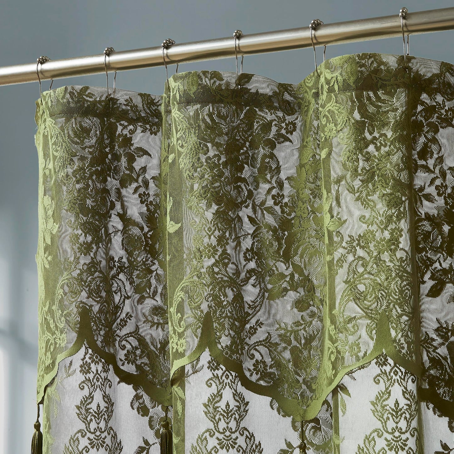 Warm Home Designs Sage Green Lace Shower Curtain 72 x 72 with Attached Valance & 7 Tassels. Luxury Farmhouse Shower Curtains for The Bathroom or Boho Shower Curtains for Bathroom. LA Sage 72"