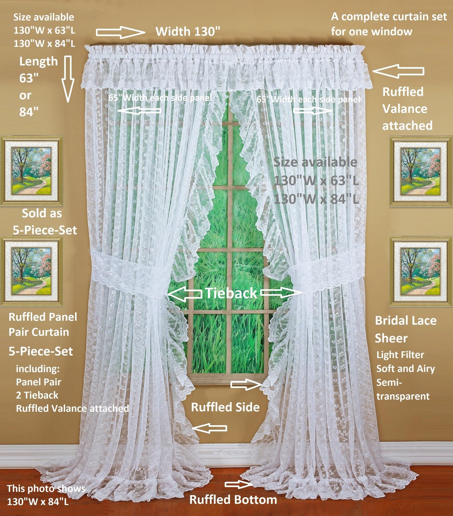 Today's Curtain, Priscilla Lace Bridal Ruffled Pair 63", White, 5-Piece-Set, 130" W x 63" L