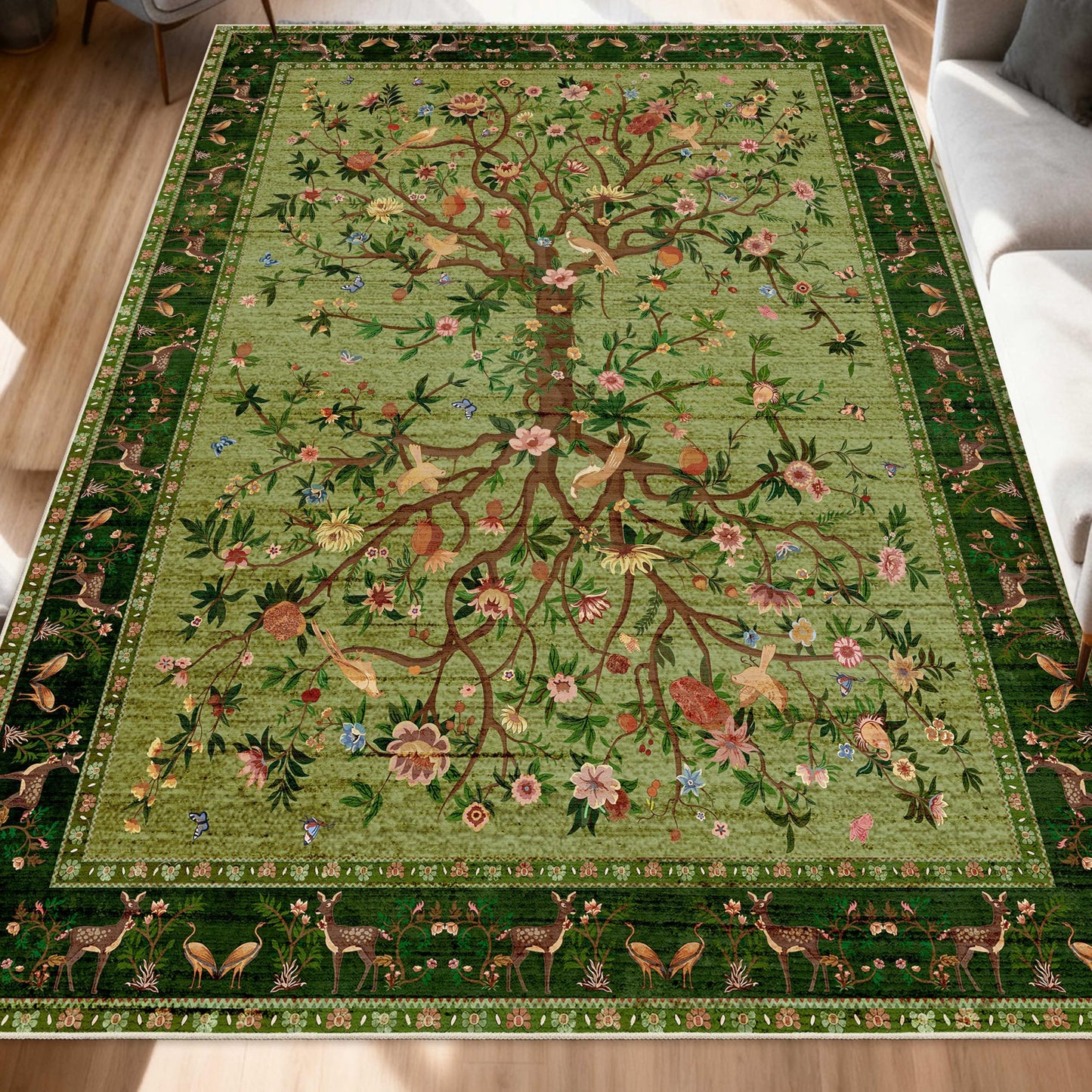 TANVILL Green Area Rugs 5x7, Machine Washable Non-Slip Rug, Boho Floral Botanical Soft Low Pile Throw Rugs for Living Room, Bedroom, Dining Room, Office