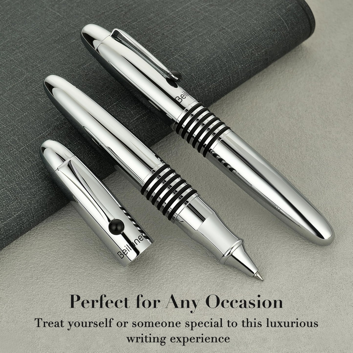 BEILUNER 320 Silver Chrome Rollerball - Stunning Luxury Pen with Chrome Finish, EDC, Heavy, Black Ink Refill, Best Gift Set for Men & Women, Professional, Executive Office, Nice Classic Pens