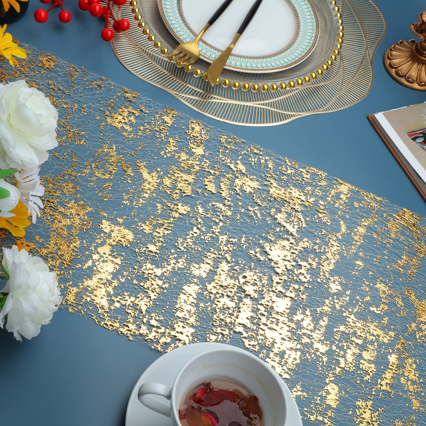 Snowkingdom Glitter Metallic Gold Table Runner 11 Inch x 100 Feet Thin Mesh Sparkle Runner Roll Table Decorations for Wedding Bridal Shower, Baby Shower, Christmas, Birthday Party （1PC）