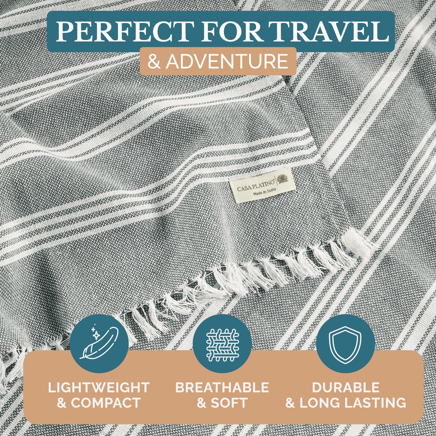 Casa Platino Turkish Beach Towels Set of 6, Lightweight and Soft Quick Dry Towels, Pre-Washed and Sand Free, Ideal for Travel, Summer Vacations, Family Trips, or Resort Pool Use – 39"x71" Beach Grass