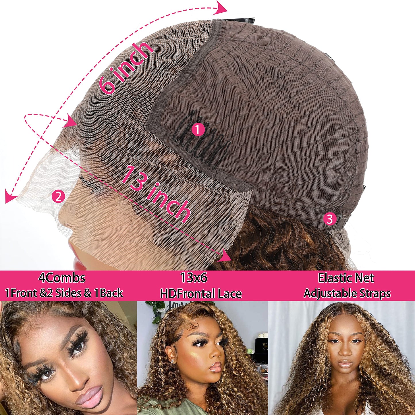 Juvid 13X6 Highlight Deep Wave Lace Front Wig Ombre Honey Blonde 13x6 Curly HD Lace Frontal Wig for Women 180% Density Glueless Jerry Curly Wig Pre Plucked Realistic Looking P4/27 Color 26 Inch