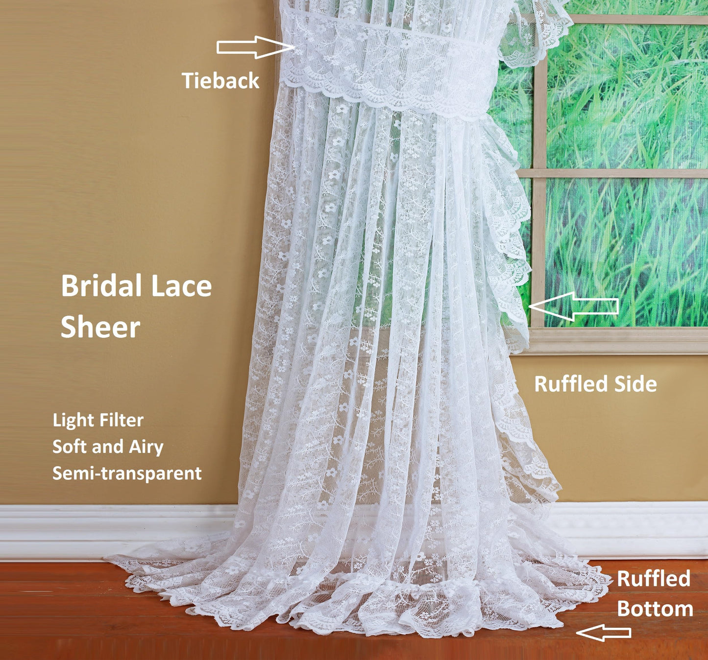 Today's Curtain, Priscilla Lace Bridal Ruffled Pair 63", White, 5-Piece-Set, 130" W x 63" L