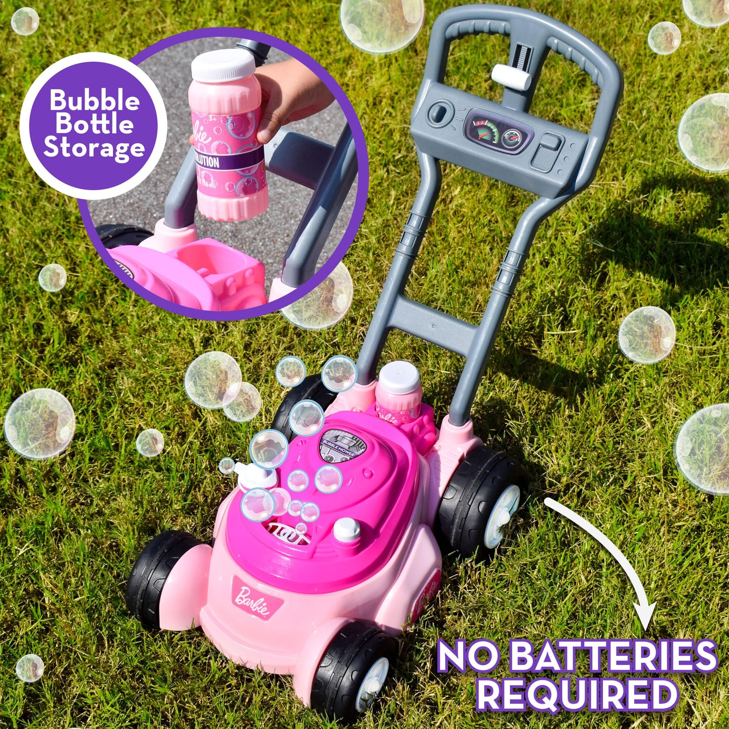 Barbie Bubble Lawn Mower for Toddlers, Bubble Blowing Machines, Indoor and Outdoor Gardening Toy, Birthday, Party Favor for Prechool Girls No Batteries, Includes Bubble Solution, 2+