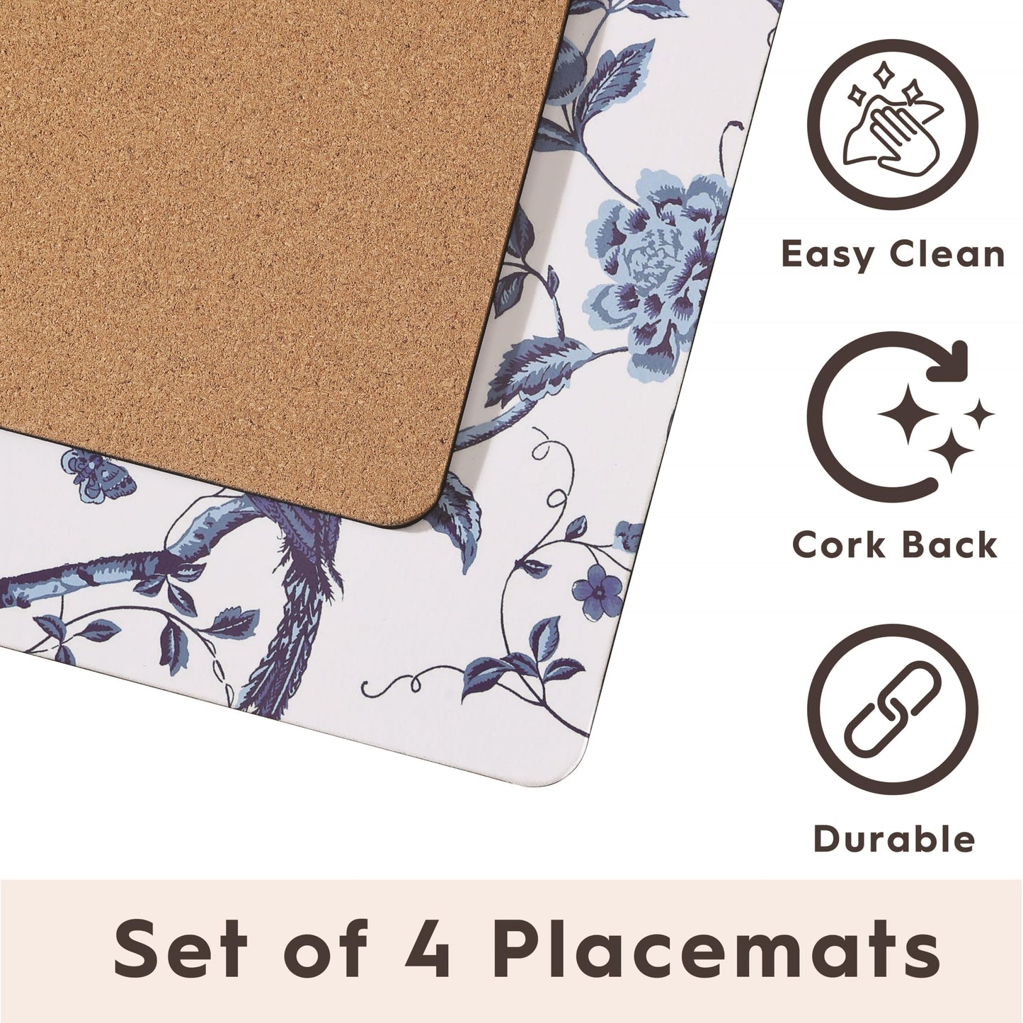 Laura Ashley Cork Placemats 16 x 12-inch for Kitchen and Dining Tables, Heat Resistant, Durable, Easy Clean, Set of 4, Summer Palace