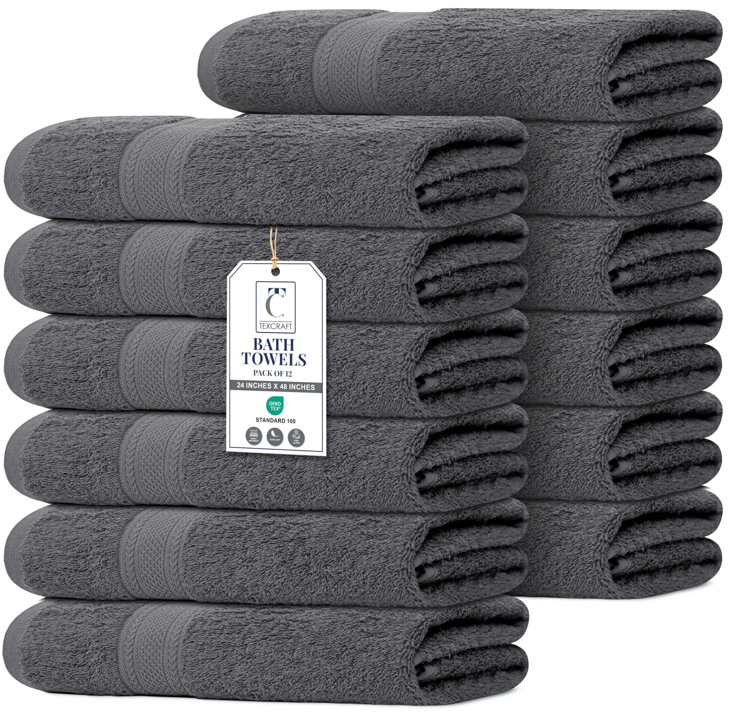 TEXCRAFT Commercial Bulk Pack of 12 Bath Towels – 100% Cotton Terry 24" x 48" – Ideal for Hotels, Salons, Gyms, Spas & Institutional Use – Charcoal Grey