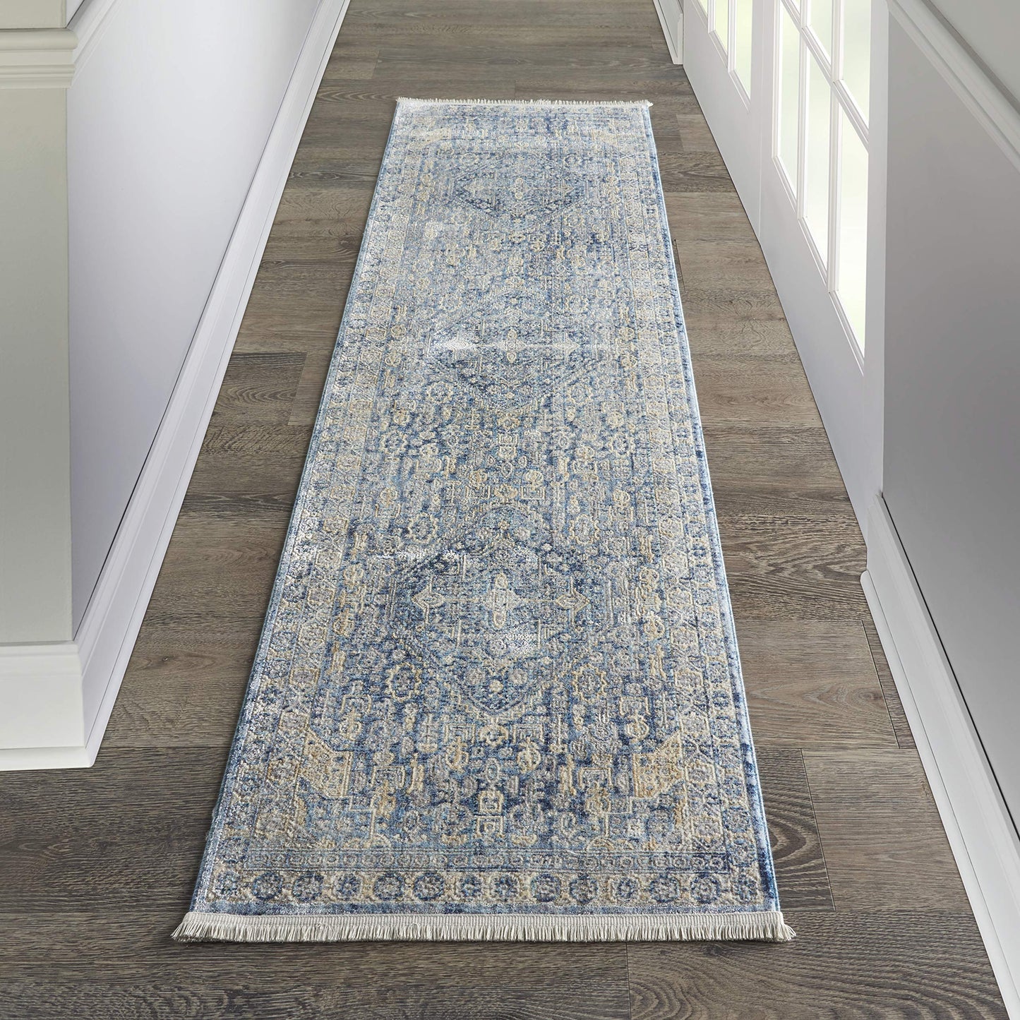 Nourison Silken Weave Vintage Blue/Ivory 2'2" x 7'6" Area -Rug, Easy -Cleaning, Non Shedding, Bed Room, Living Room, Dining Room, Kitchen (2x8)
