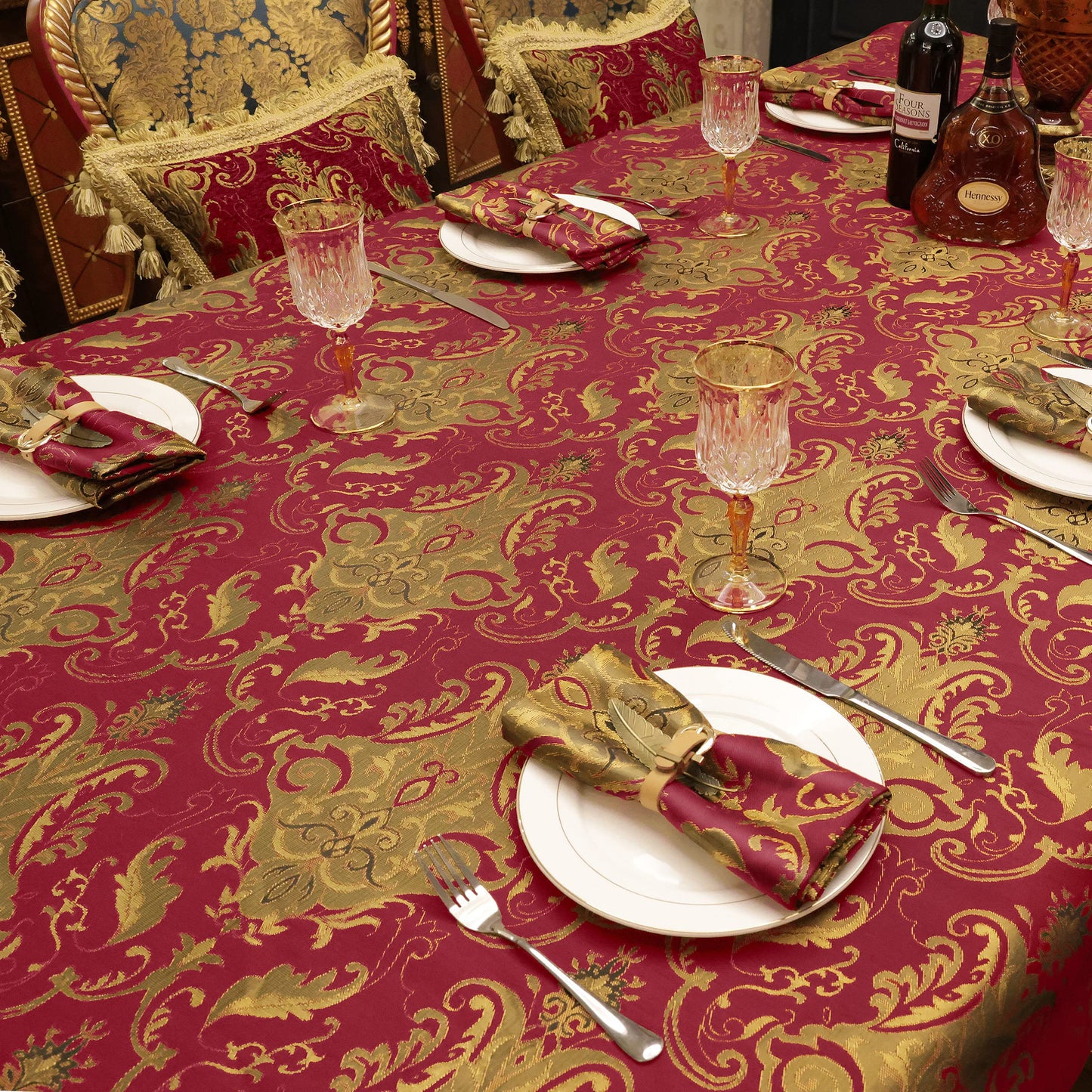 Loom and Mill Luxury Fabric Tablecloth 60 x 120 Inch, Christmas Damask Jacquard Table Covers with Tassels for Dining Kitchen Tabletop Party Banquet Holiday Decoration, Water Resistant (Red, 60x120 in)